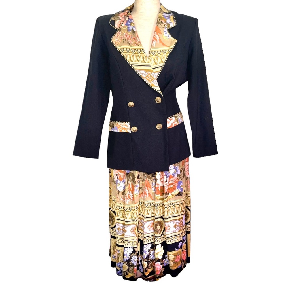 Vintage Rare Robert Daniel Floral multicolor blazer jacket Skirt Suit 8 M
